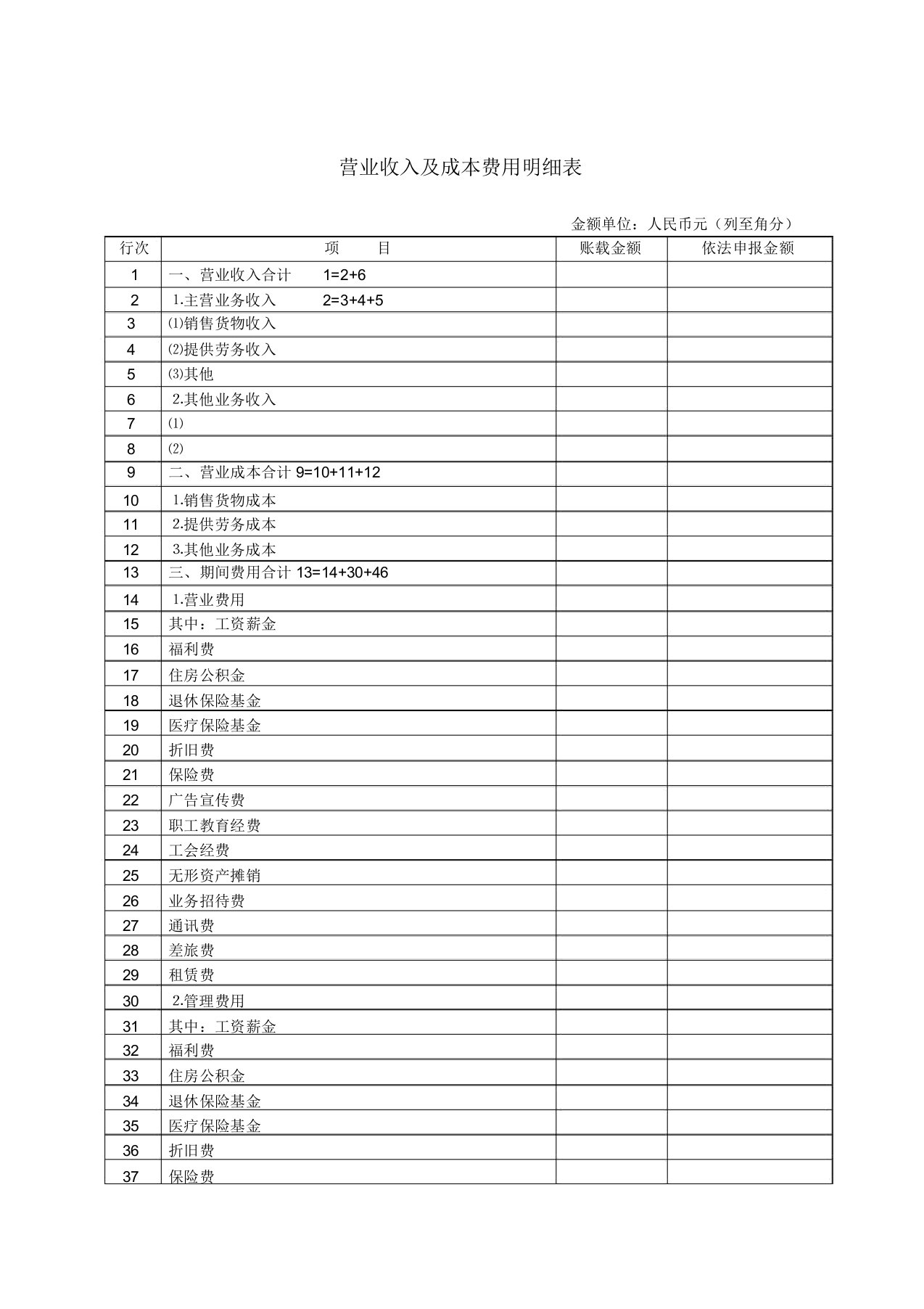 营业收入及成本费用明细表