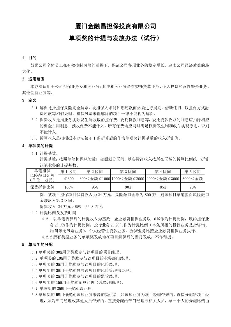 管理制度-厦门金融昌担保投资有限公司单项奖计提与发放管理办法