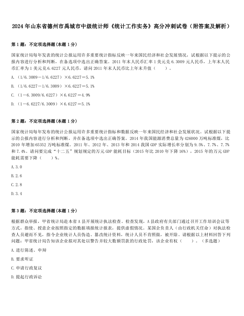 2024年山东省德州市禹城市中级统计师《统计工作实务》高分冲刺试卷（附答案及解析）