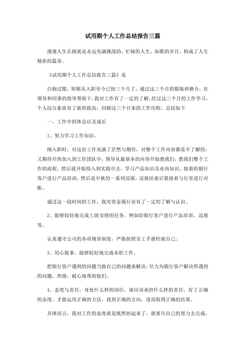 工作总结试用期个人工作总结报告三篇