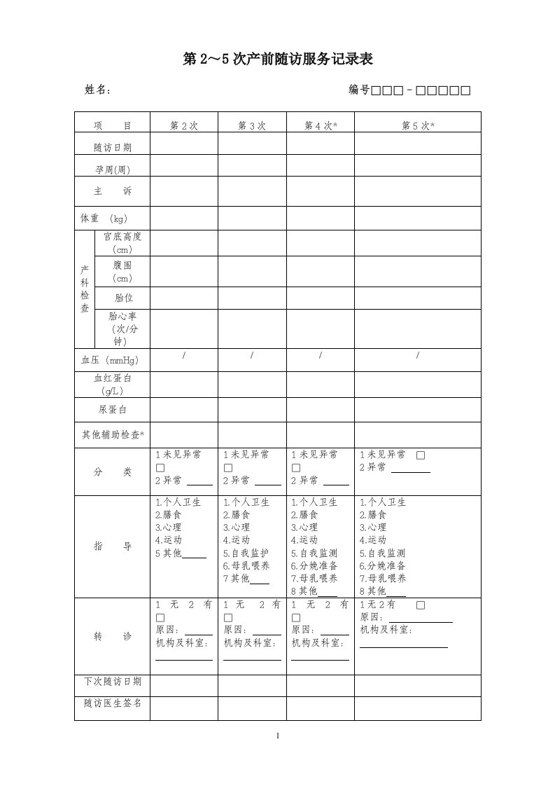 产妇第2～5次产前随访服务记录表