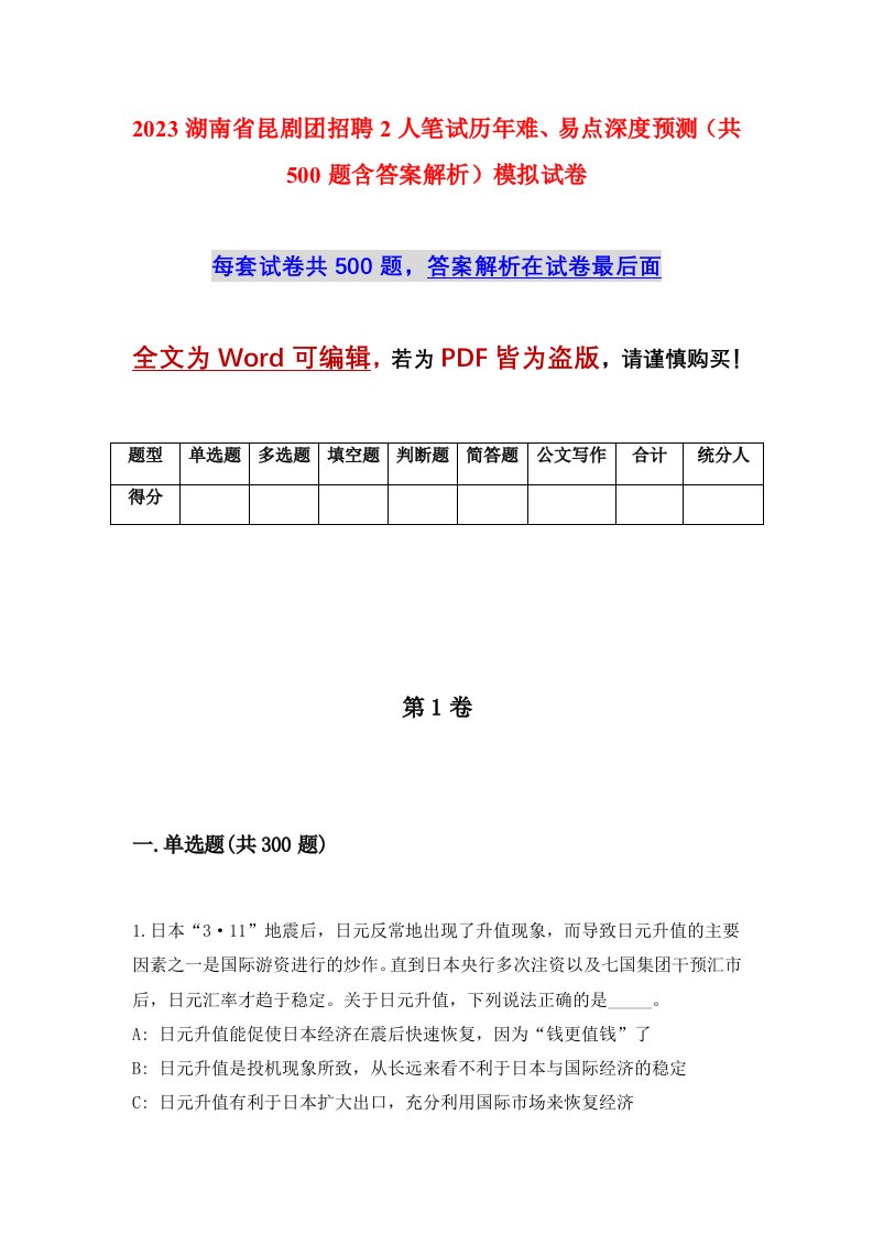 2023湖南省昆剧团招聘2人笔试历年难易点深度预测共500题含答案解析模拟试卷