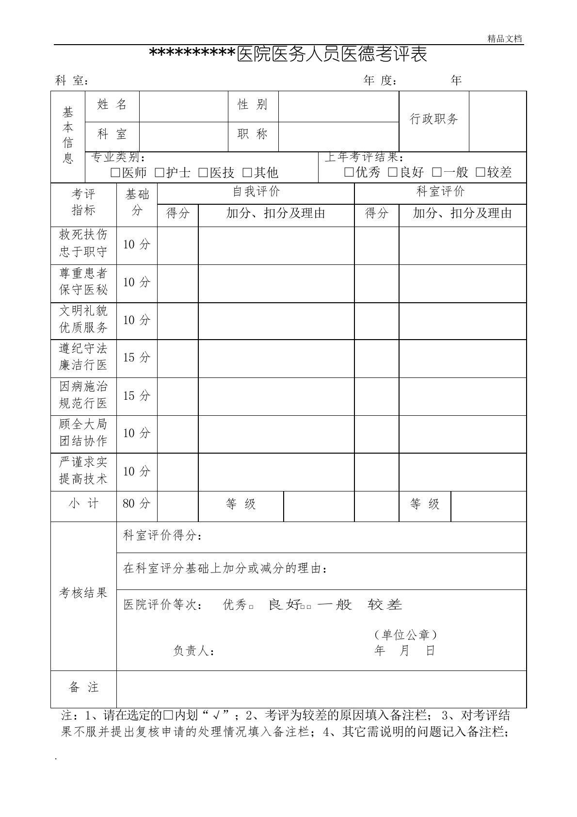 医务人员医德医风考评表