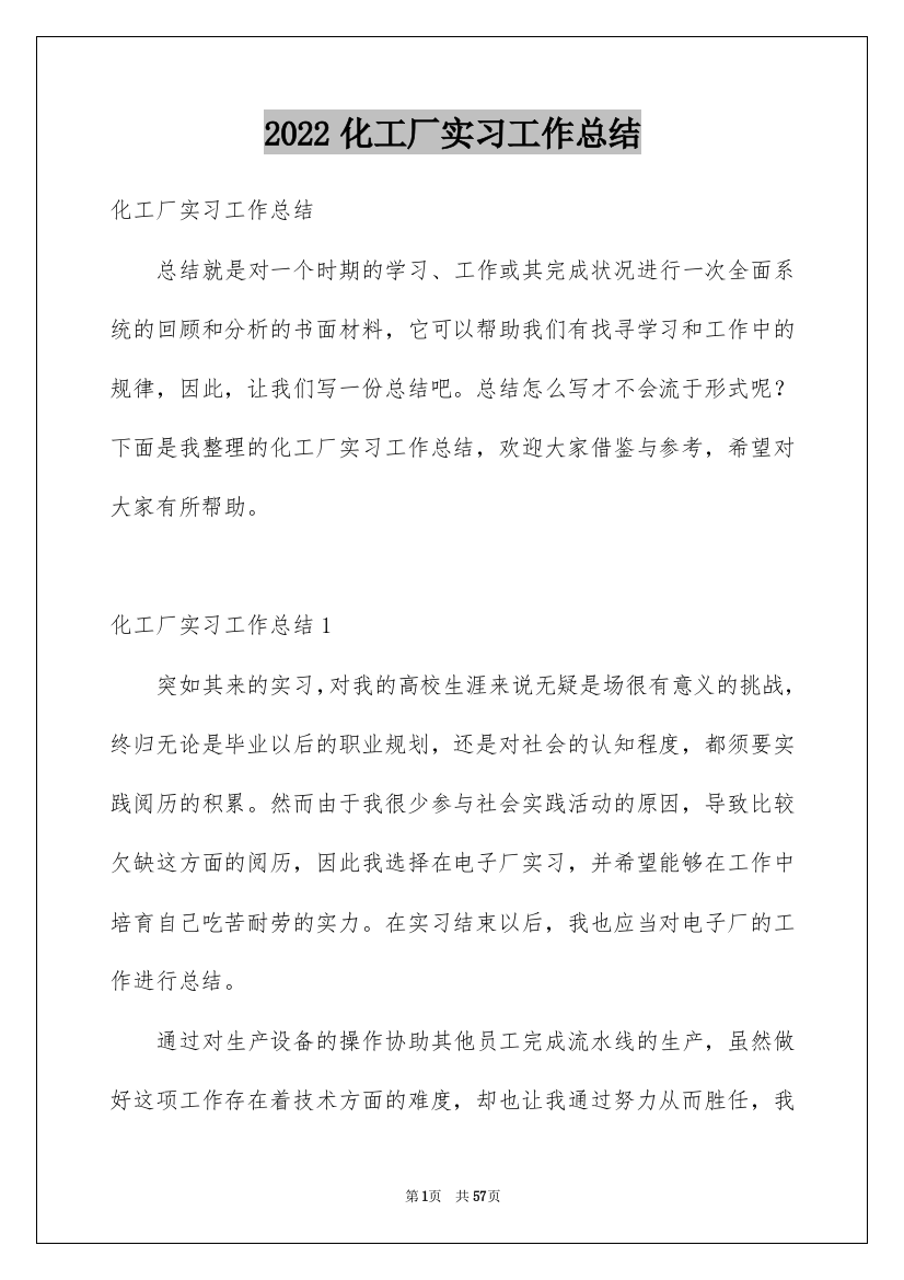 2022化工厂实习工作总结_1