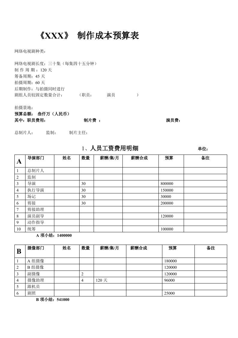 网剧电视剧制作预算表