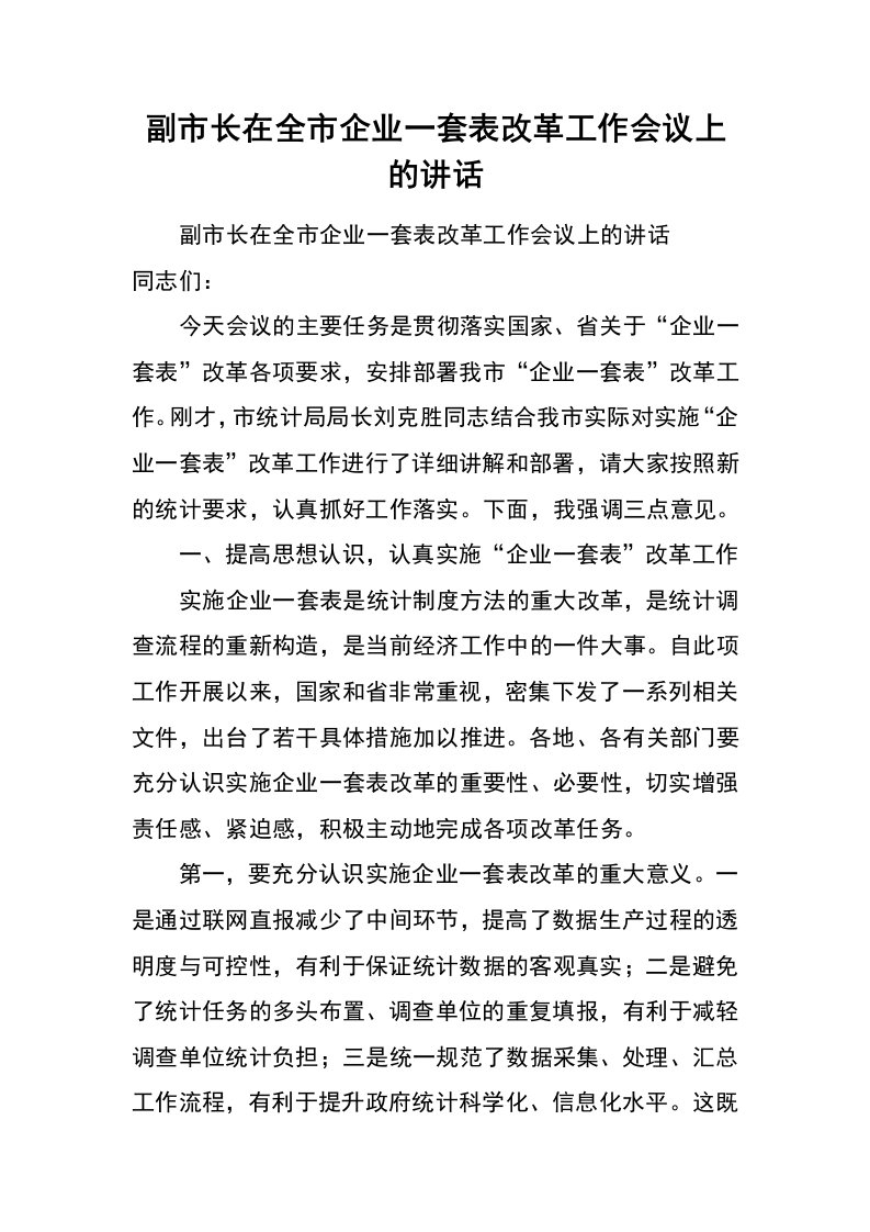 副市长在全市企业一套表改革工作会议上的讲话