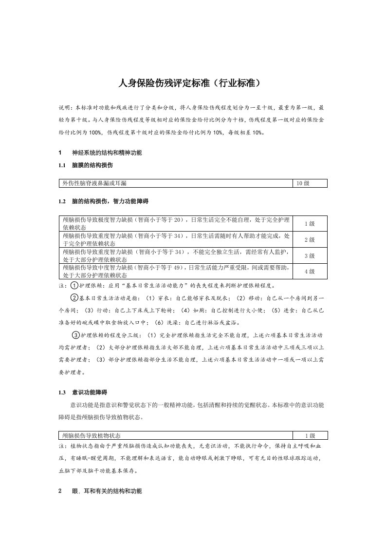 人身保险伤残评定标准行业标准