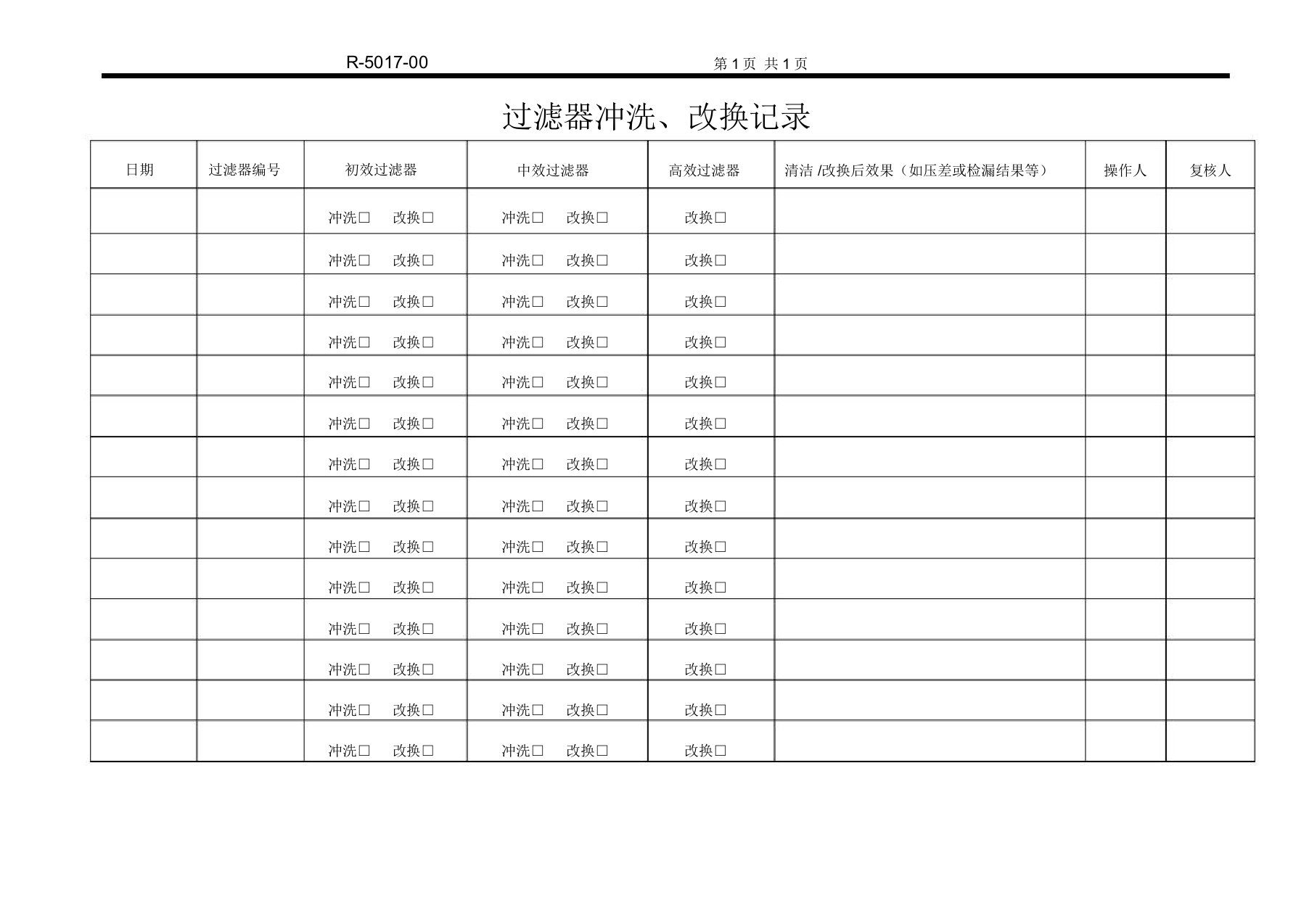 过滤器清洗、更换记录