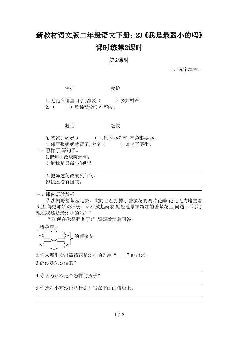 新教材语文版二年级语文下册：23《我是最弱小的吗》课时练第2课时