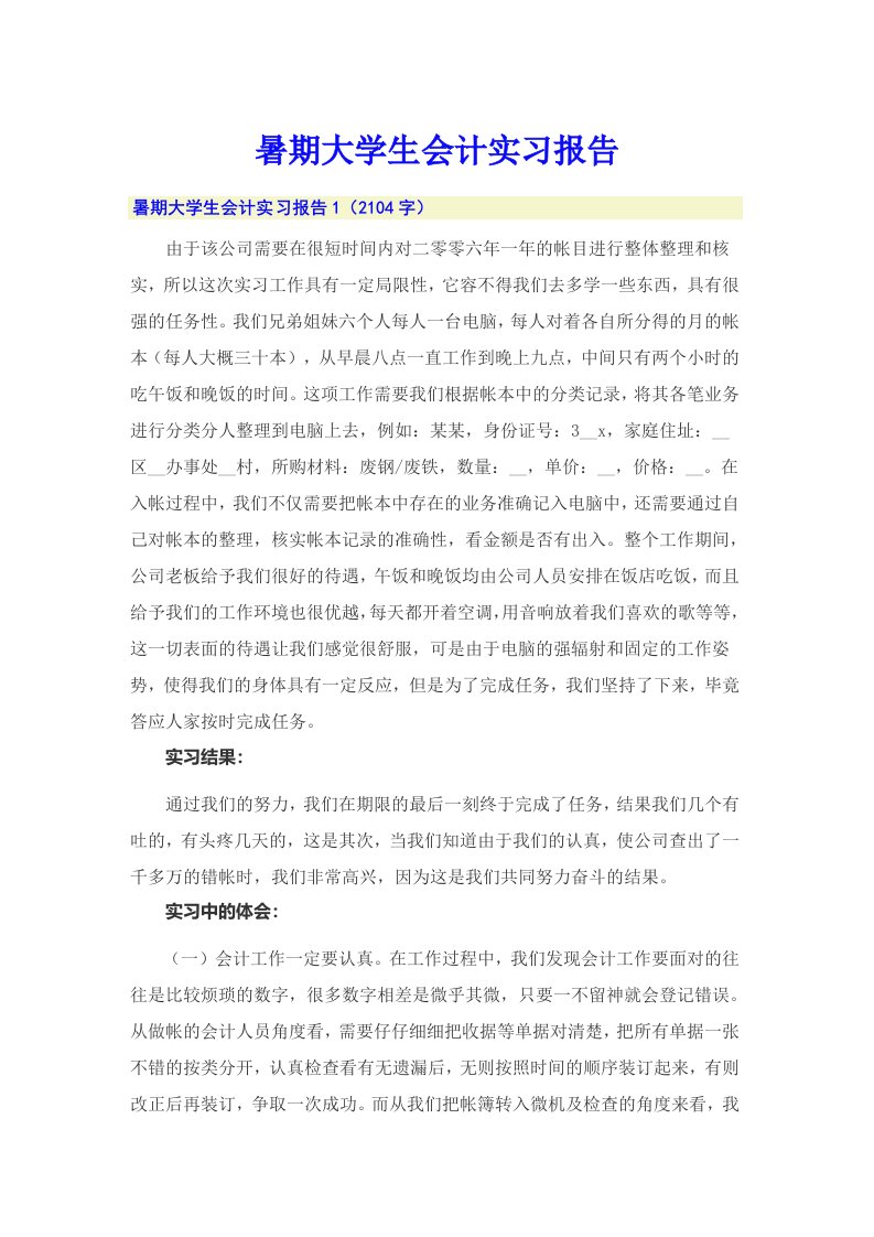 暑期大学生会计实习报告