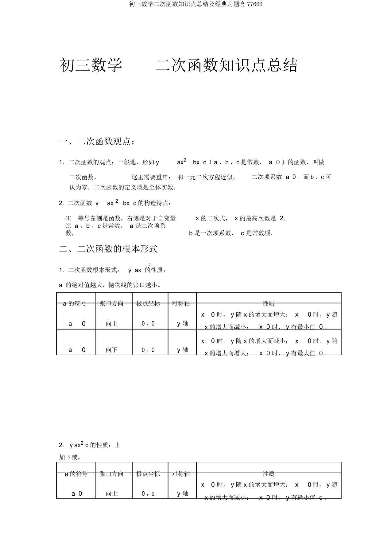 初三数学二次函数知识点总结及经典习题含