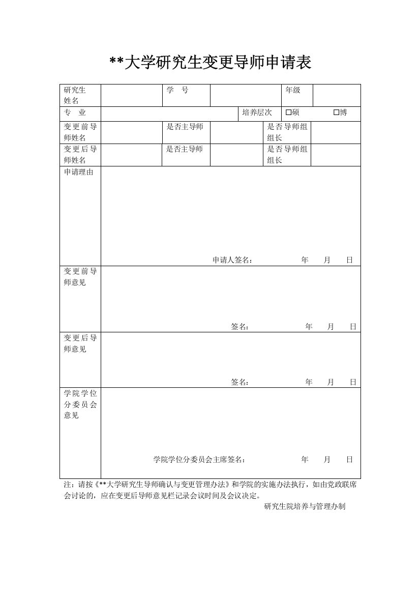 大学研究生变更导师申请表