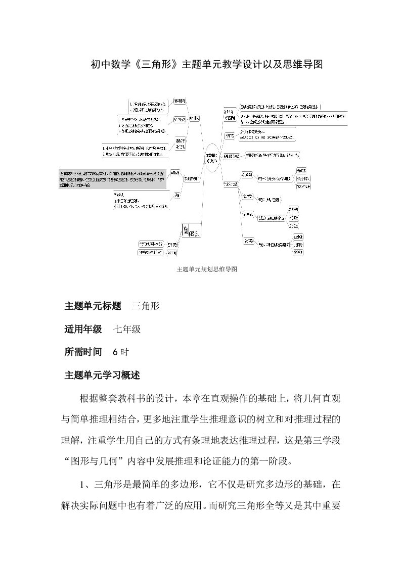 初中数学《全等三角形》主题单元设计以及思维导图