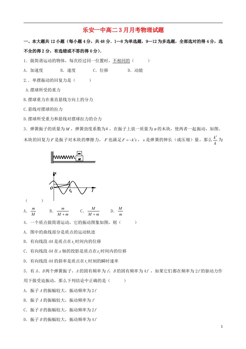 江西省乐安一中高二物理3月月考试题（无答案）新人教版