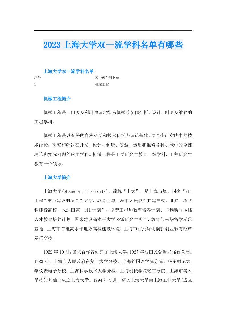 上海大学双一流学科名单有哪些