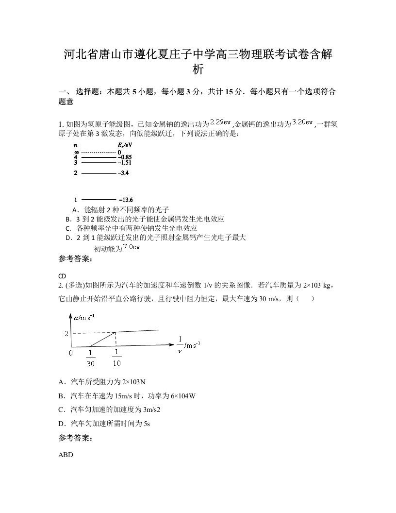 河北省唐山市遵化夏庄子中学高三物理联考试卷含解析