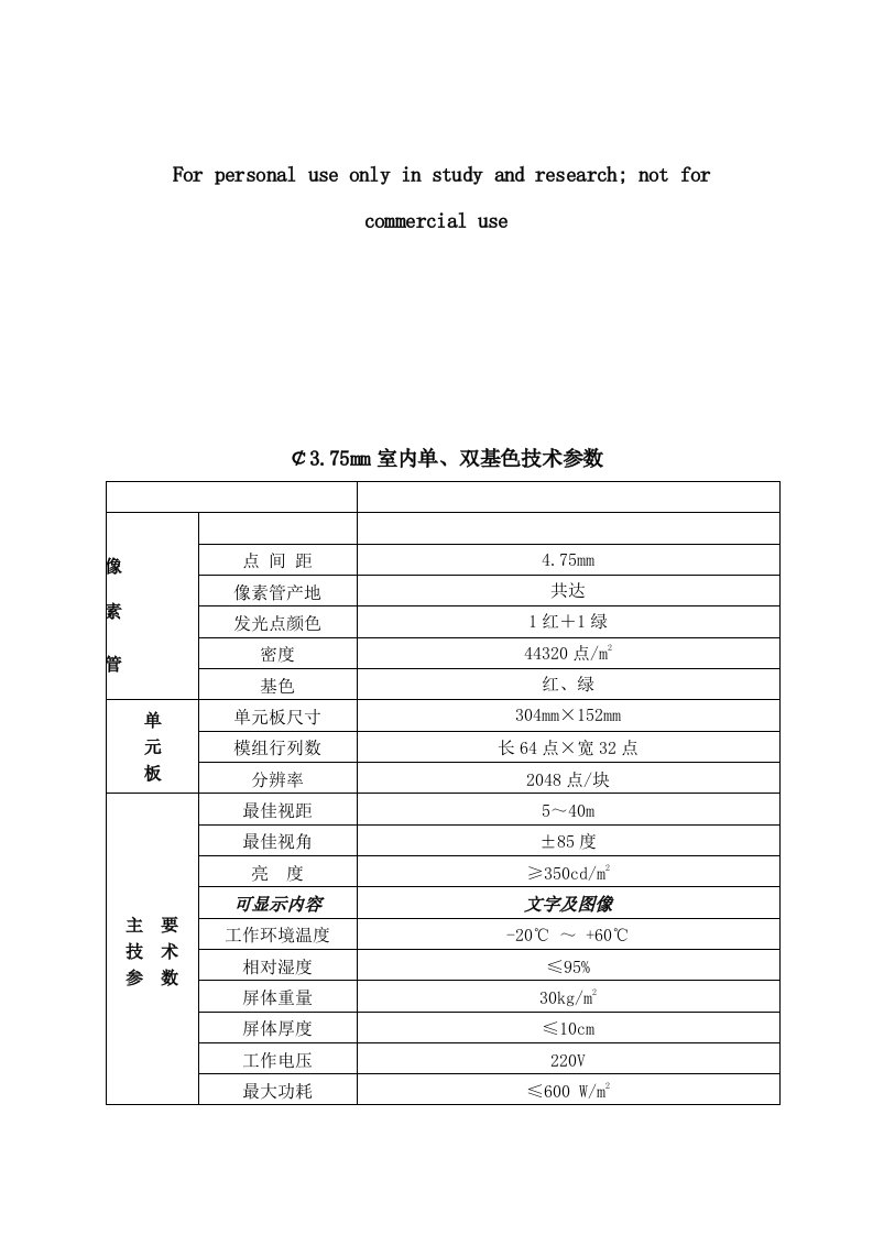 3.75mm室内双基色技术参数