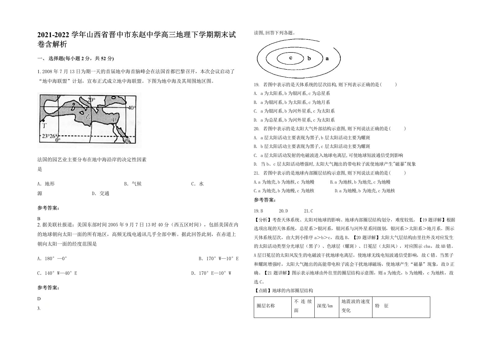 2021-2022学年山西省晋中市东赵中学高三地理下学期期末试卷含解析