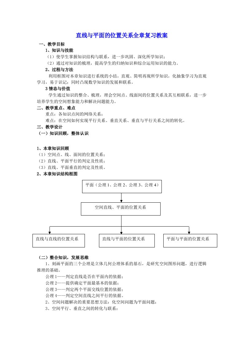 直线与平面的位置关系全章复习教案