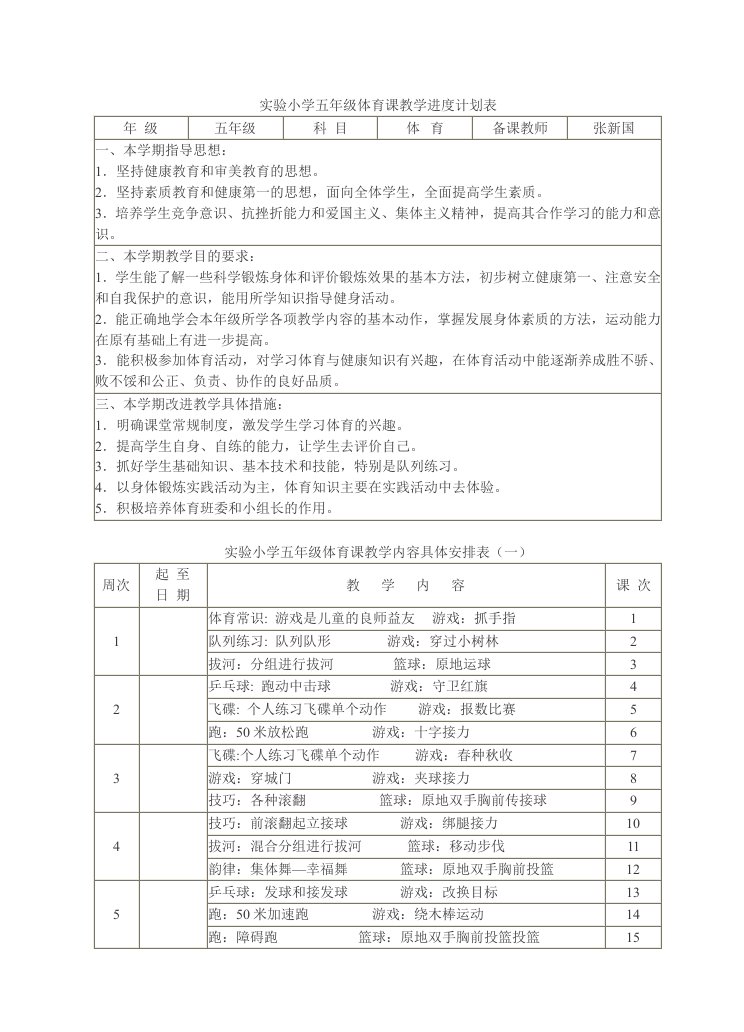 实验小学五年级体育课教学进度计划表