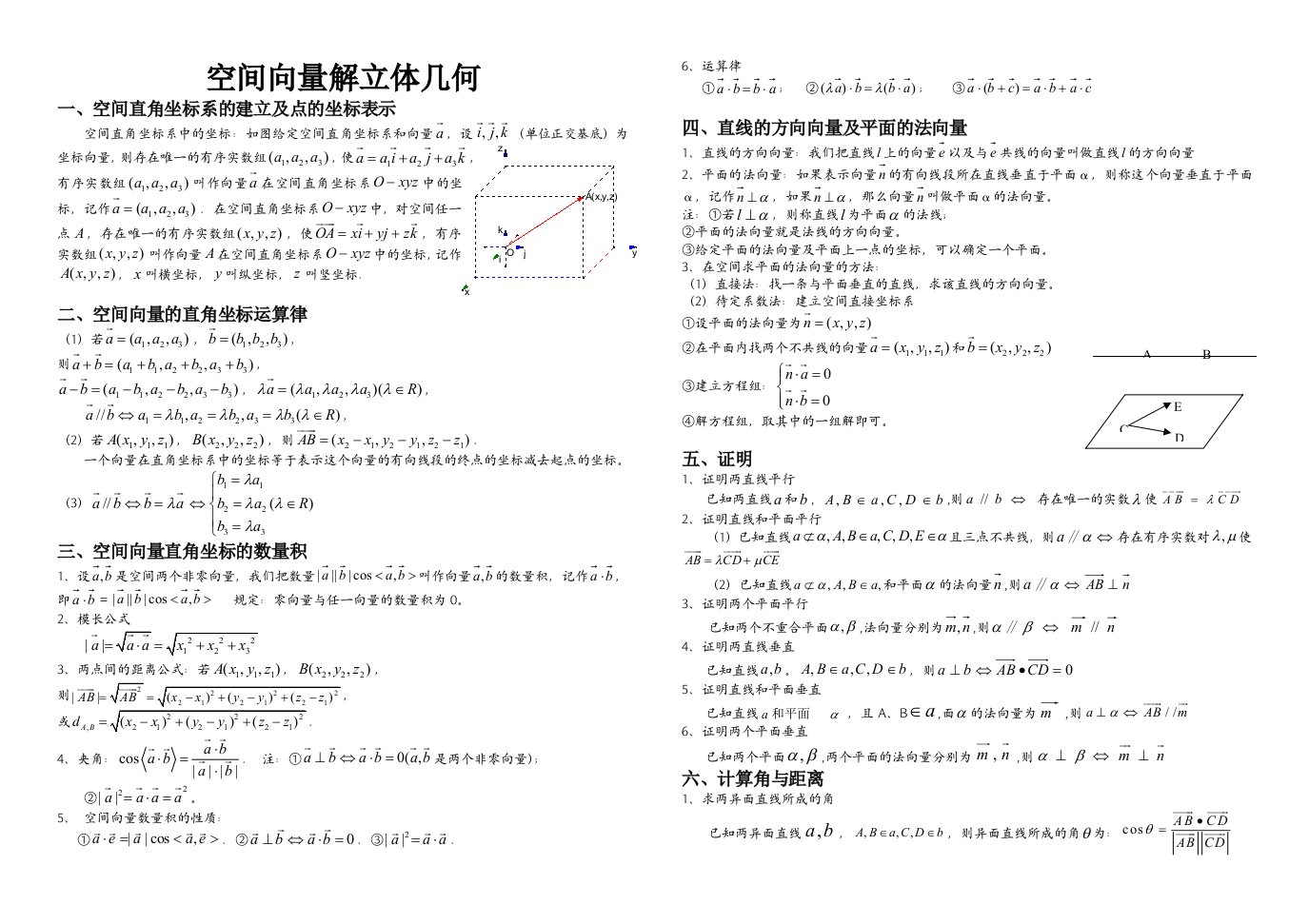 高二数学《空间向量与立体几何》教案