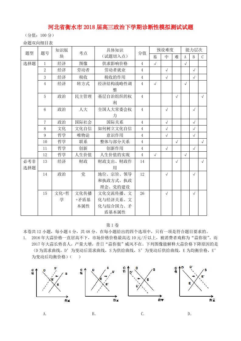 河北省衡水市高三政治下学期诊断性模拟测试试题(7)