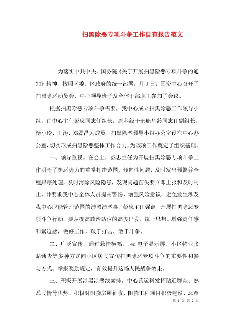 扫黑除恶专项斗争工作自查报告范文