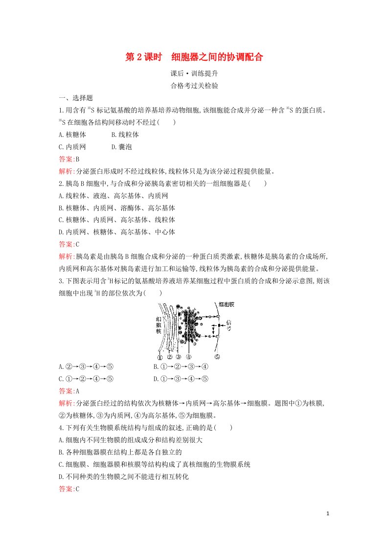 新教材高中生物第3章细胞的基本结构第2节细胞器之间的分工合作第2课时细胞器之间的协调配合课后习题新人教版必修1