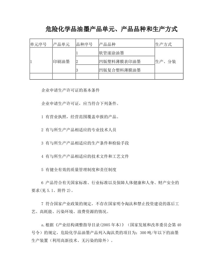 危险化学品油墨产品单元、产品品种和生产方式