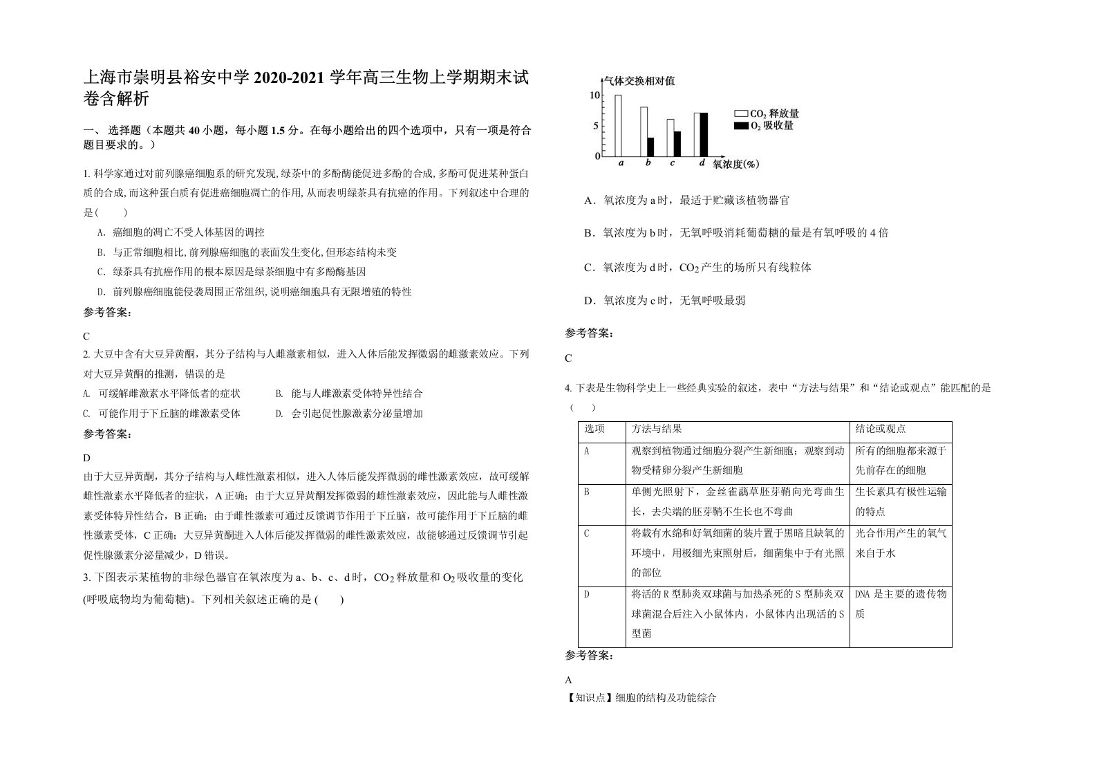 上海市崇明县裕安中学2020-2021学年高三生物上学期期末试卷含解析