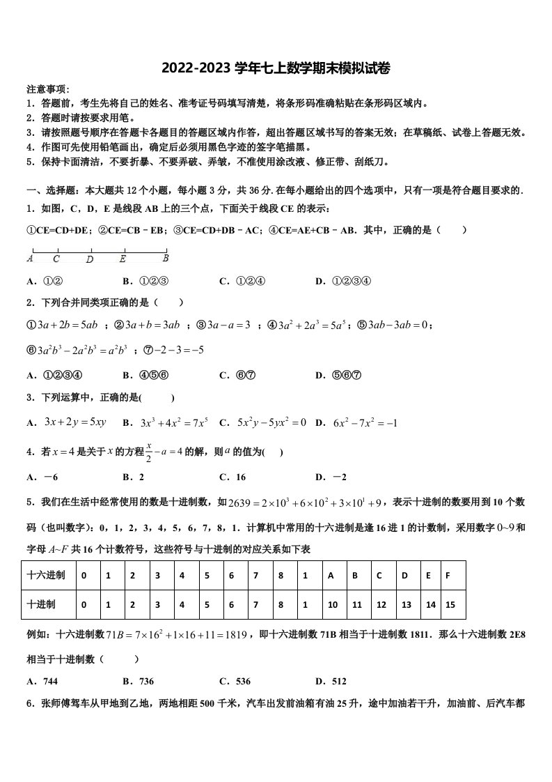 2022年湖北恩施龙凤民族初级中学数学七年级第一学期期末质量检测模拟试题含解析