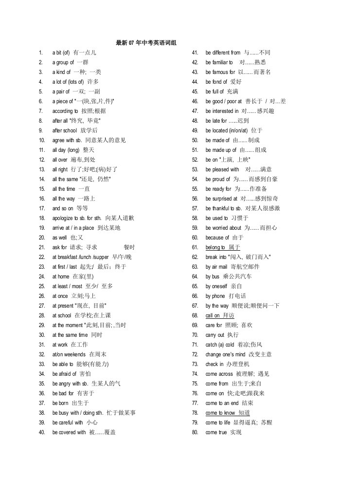 最新07年中考英语词组九年级全册短语总结