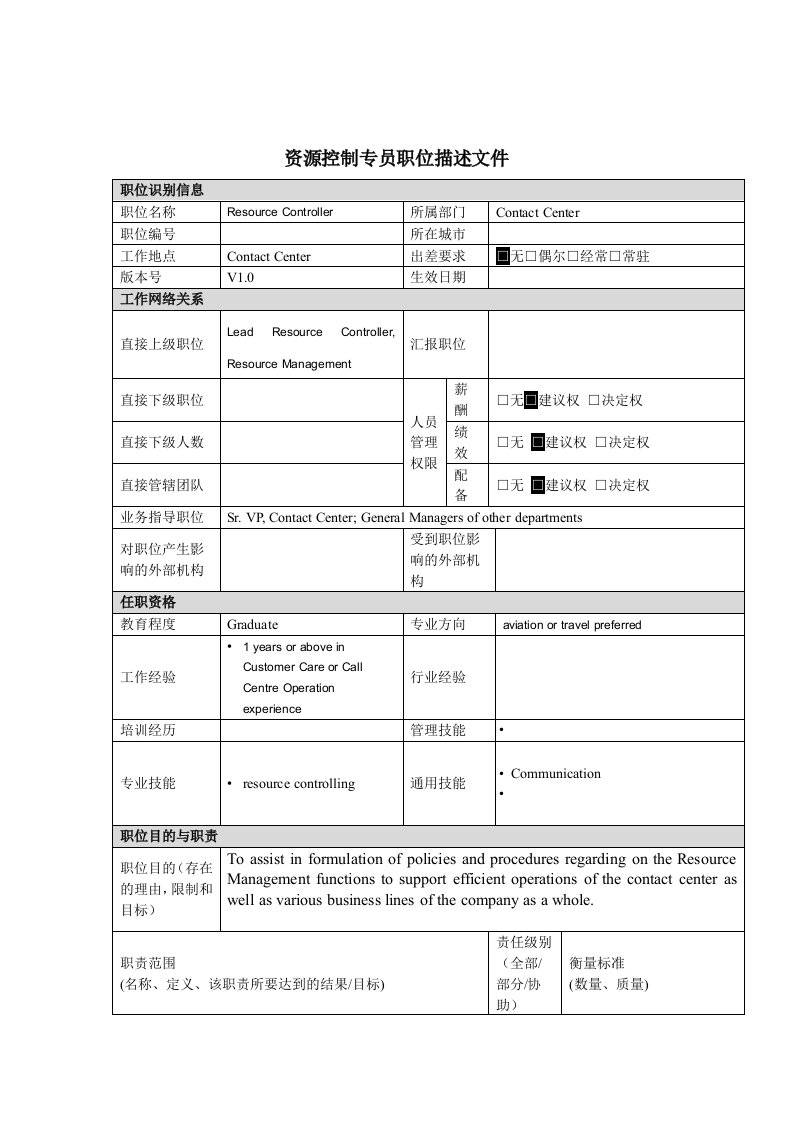 资源控制专员岗位职务说明