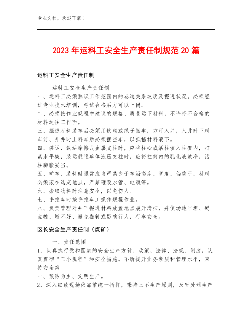 2023年运料工安全生产责任制规范20篇