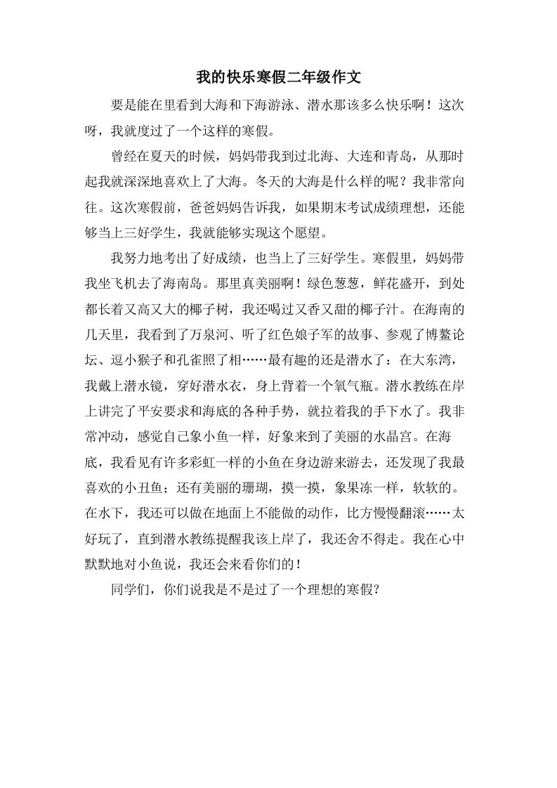 我的快乐寒假二年级作文