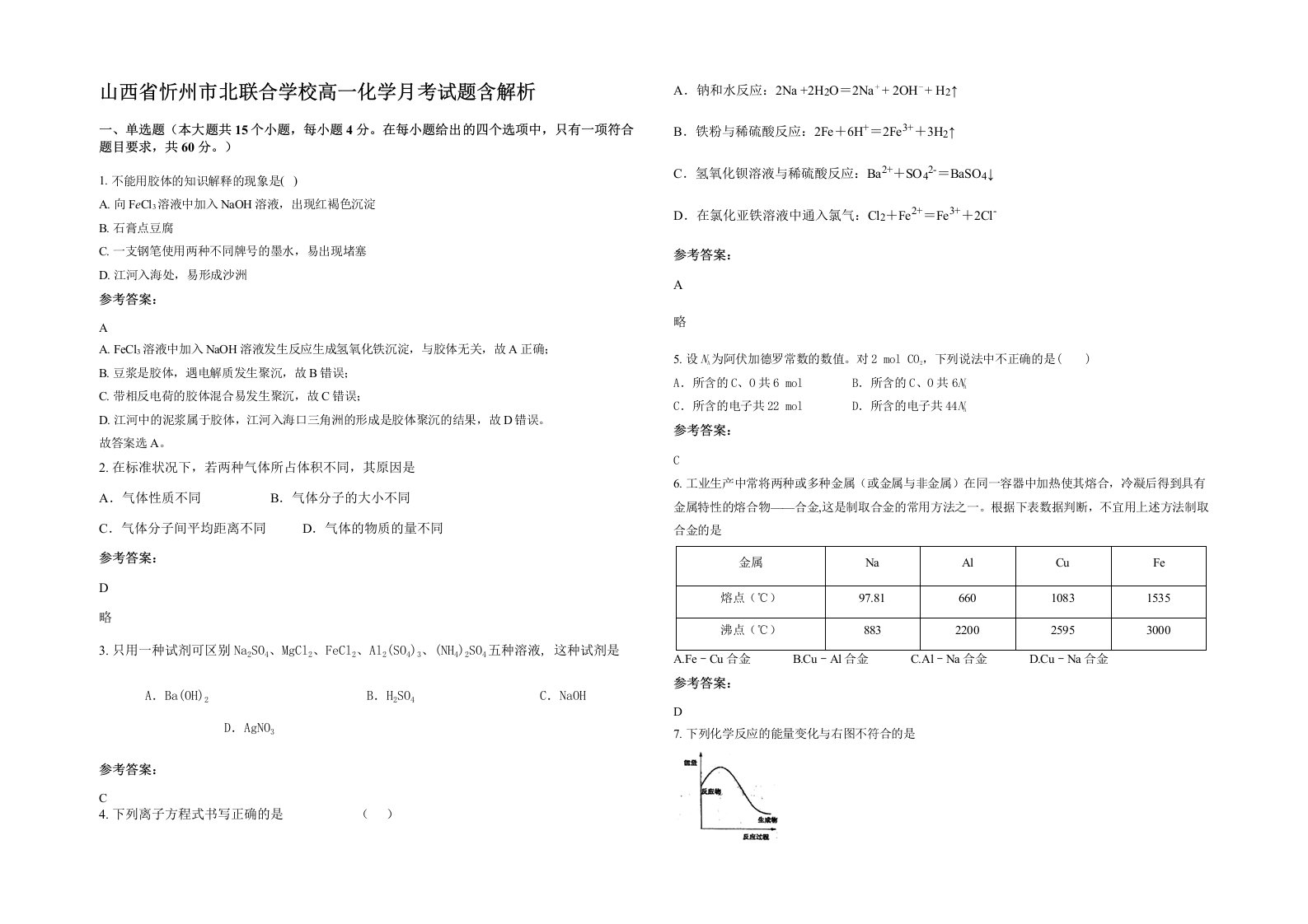 山西省忻州市北联合学校高一化学月考试题含解析