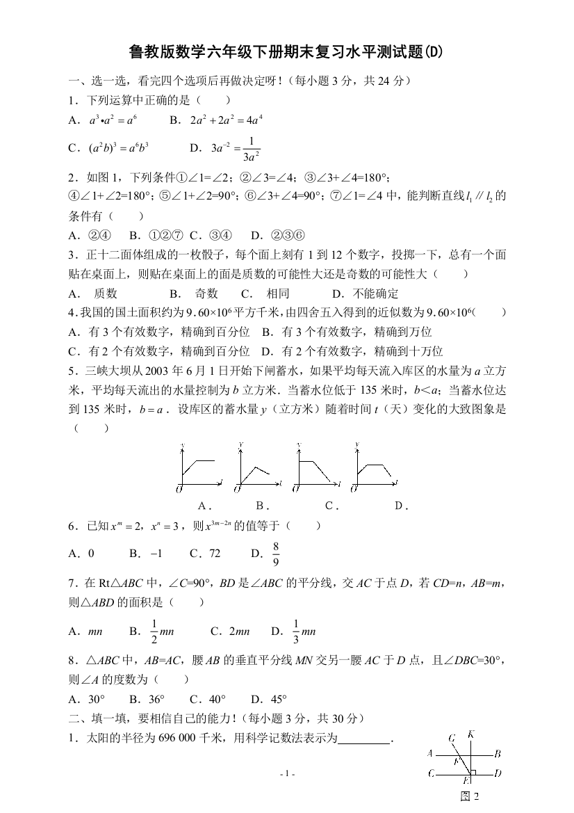 鲁教版数学六年级下册期末复习水平测试题(D)