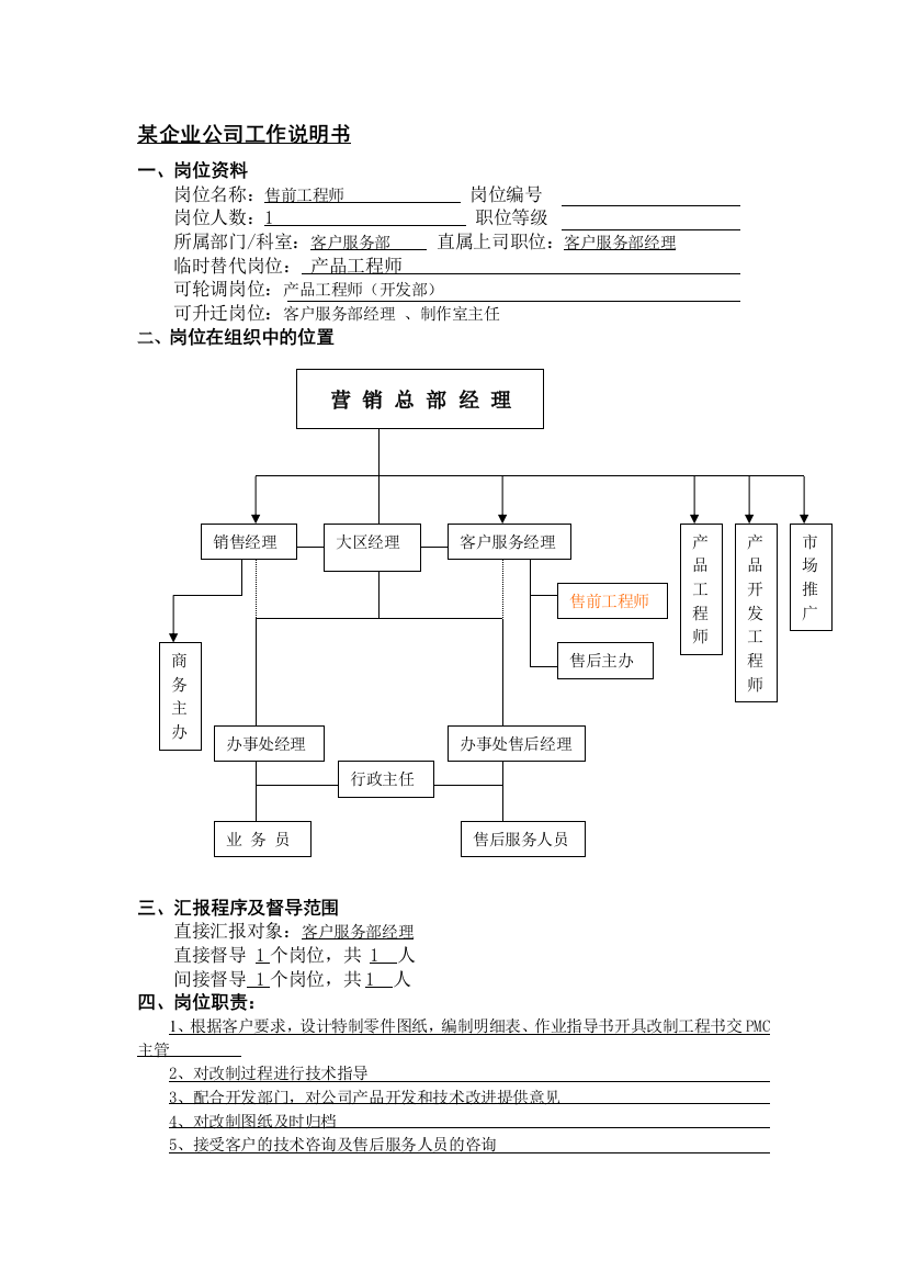 工作说明书-售前工程师-新动力培训