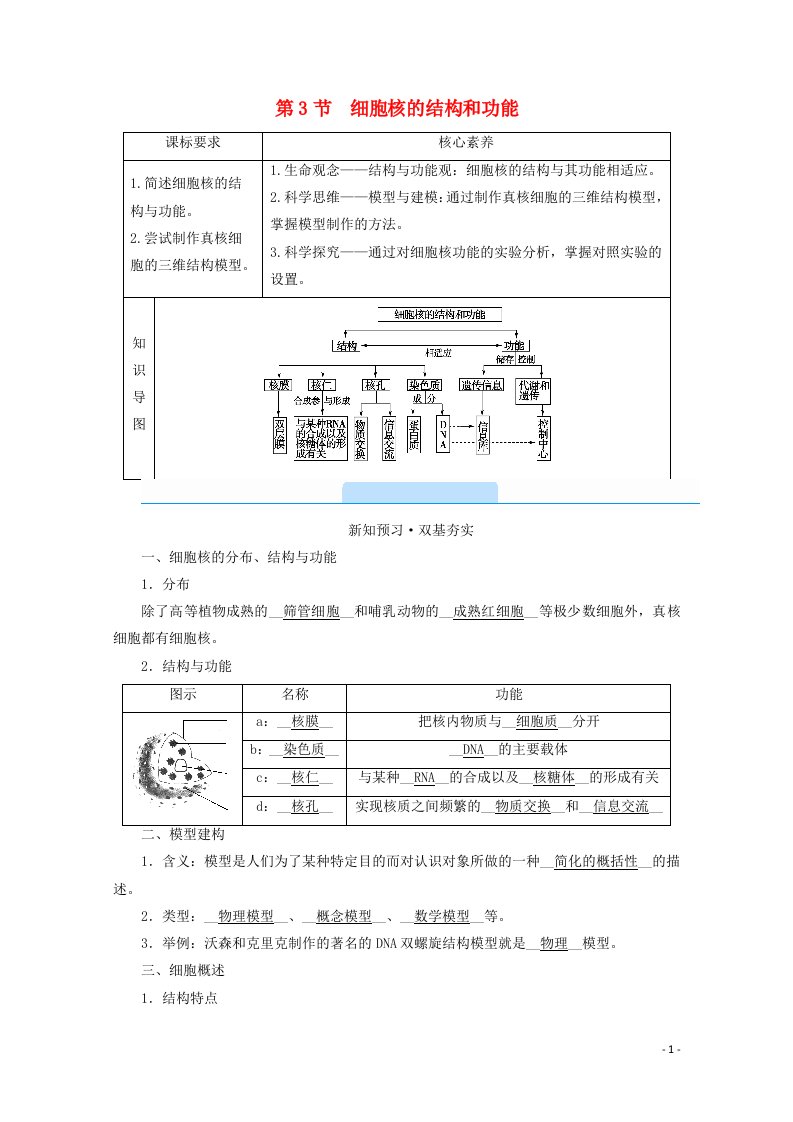 2020_2021学年新教材高中生物第3章细胞的基本结构第3节细胞核的结构和功能学案新人教版必修1