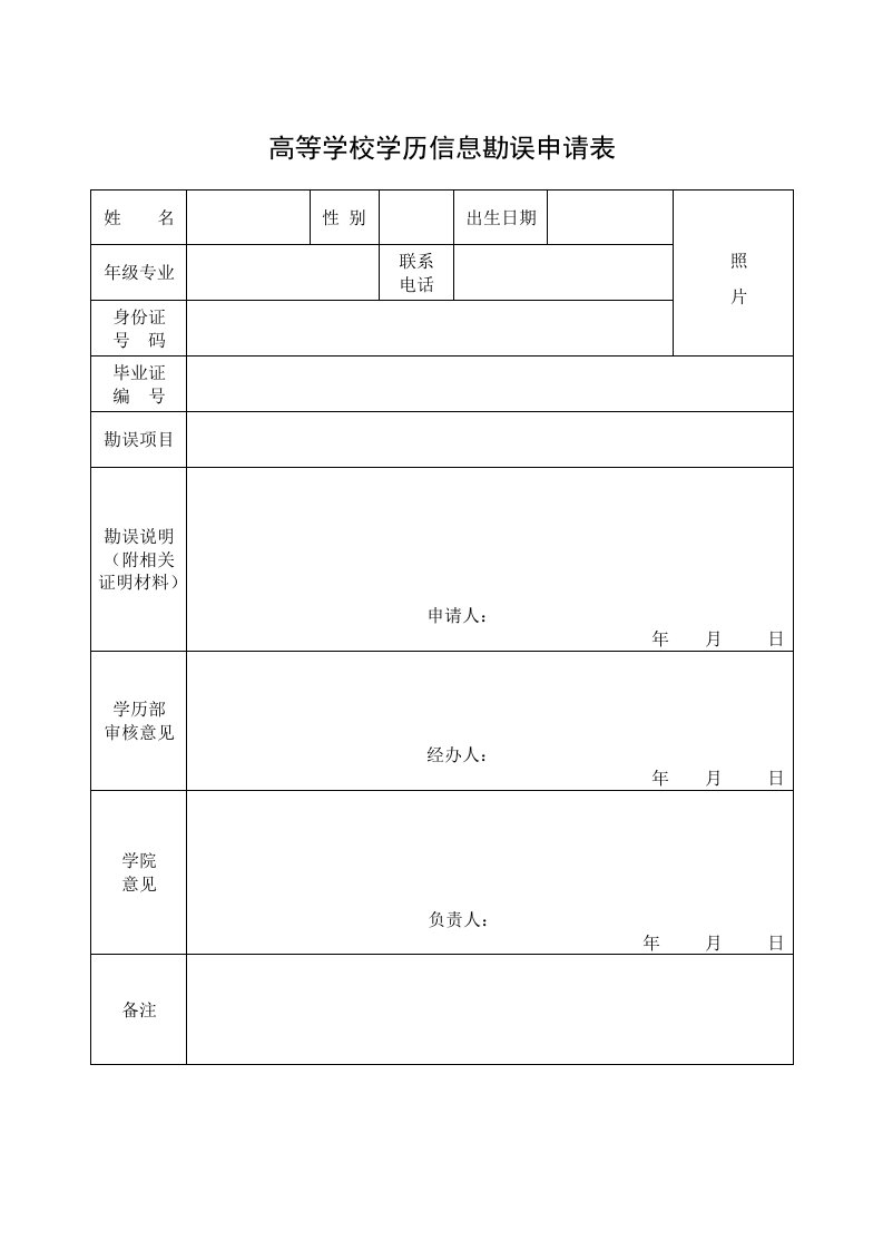 高等学校学历信息勘误申请表