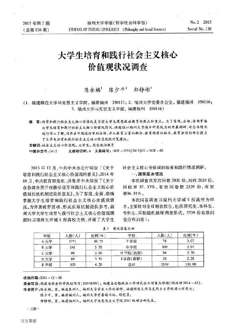 大学生培育和践行社会主义核心价值观状况调查