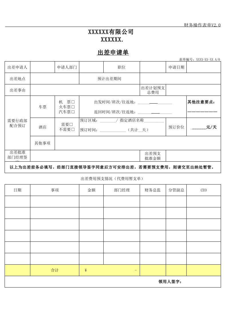 出差申请单模板