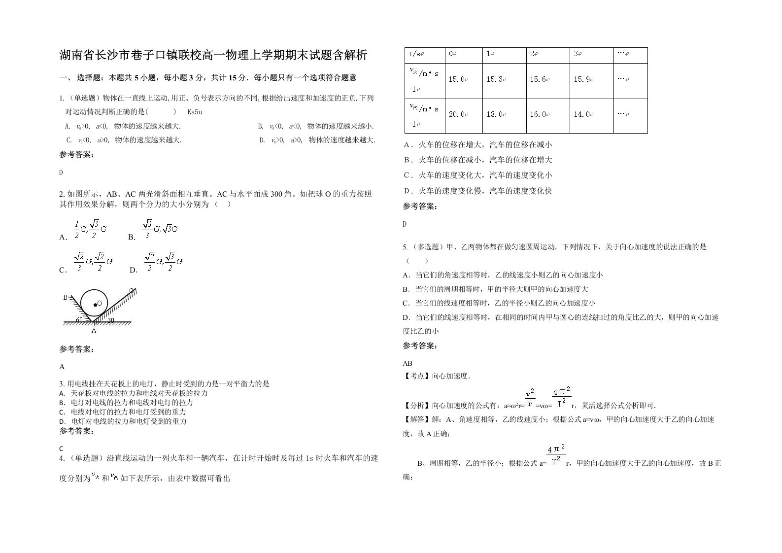 湖南省长沙市巷子口镇联校高一物理上学期期末试题含解析