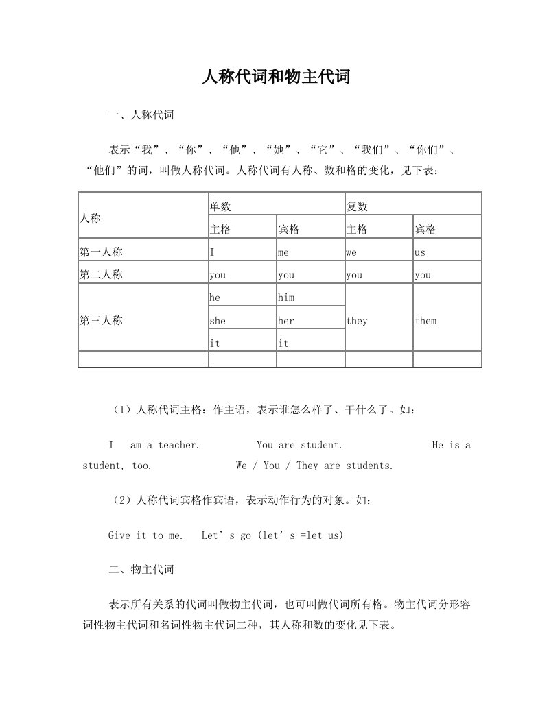 khlAAA初一英语人称代词和物主代词的表格及练习题