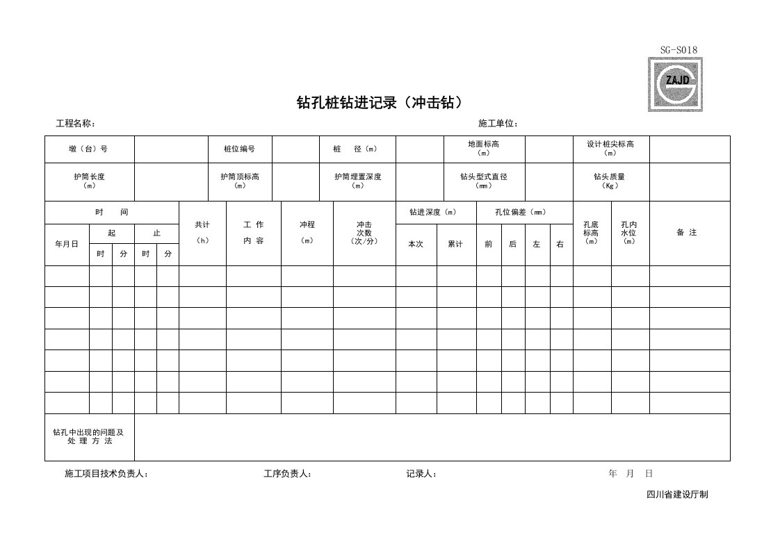 建筑工程-SGS018_钻孔桩钻进记录冲击钻