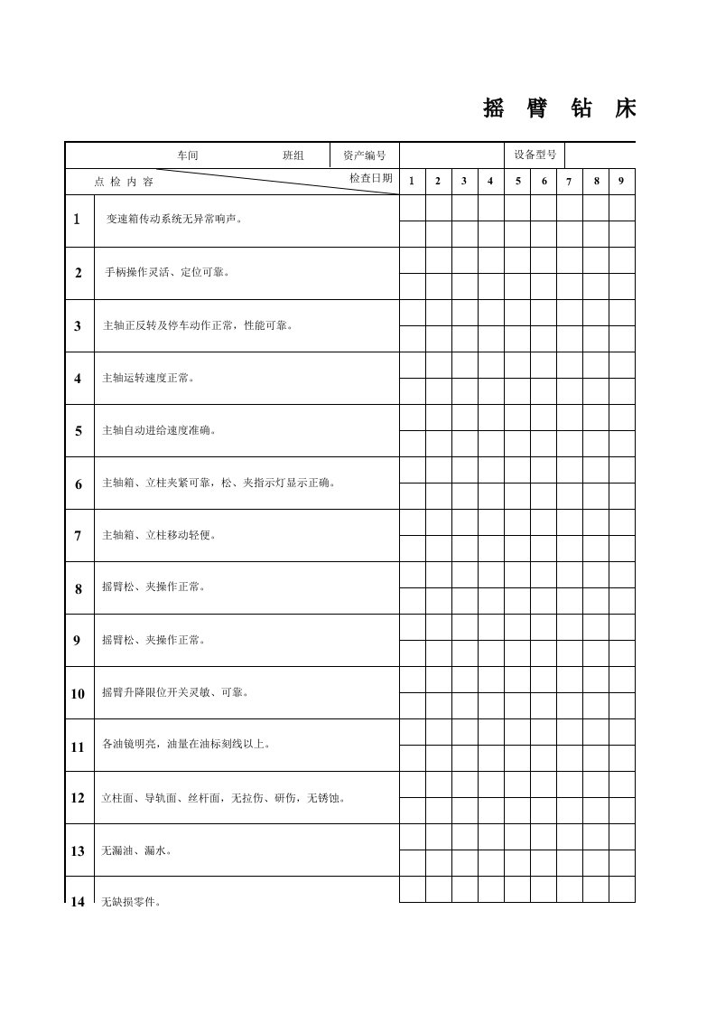 摇臂钻床设备点检表