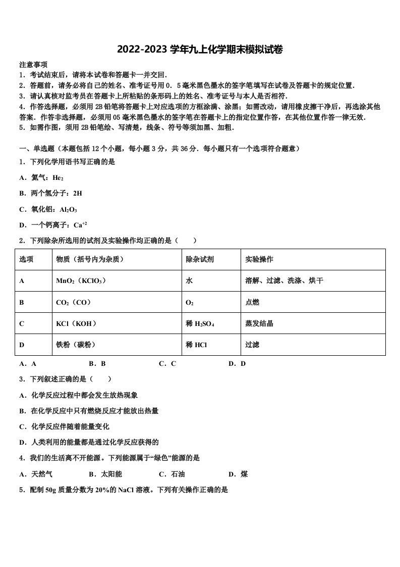 2023届山西省左玉县化学九年级第一学期期末综合测试试题含解析