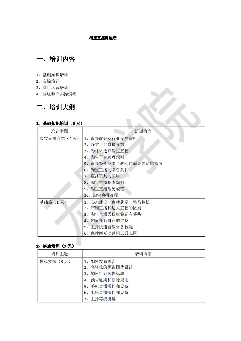 淘宝直播(直播带货)培训课程表