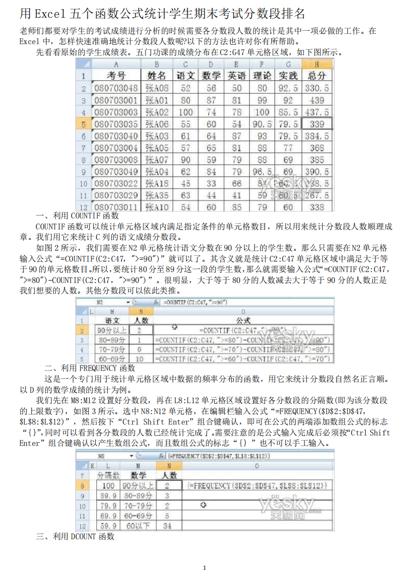 用Excel五个函数公式统计学生期末考试分数段排名