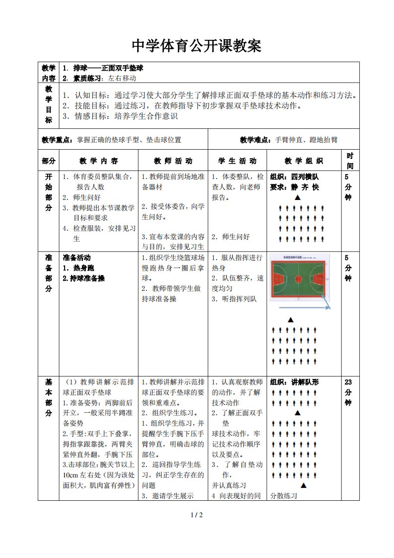 公开课优秀教案排球正面双手垫球